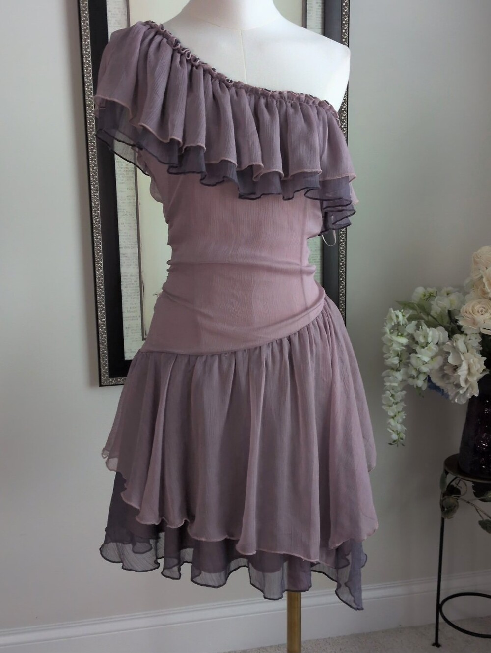Cece Collection Taupe One Shoulder Ruffle Chiffon Mini Dress Size S - Picture 2 of 8